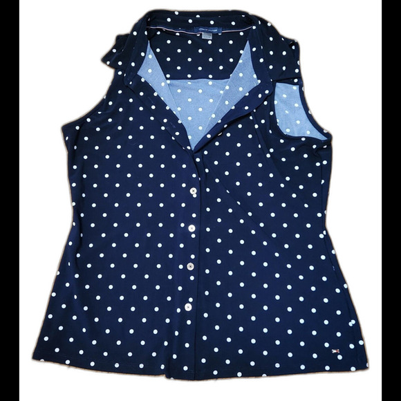 Tommy Hilfiger Navy Blue White Polka Dot Button Down Top Tank Blouse Sz M - Picture 1 of 8